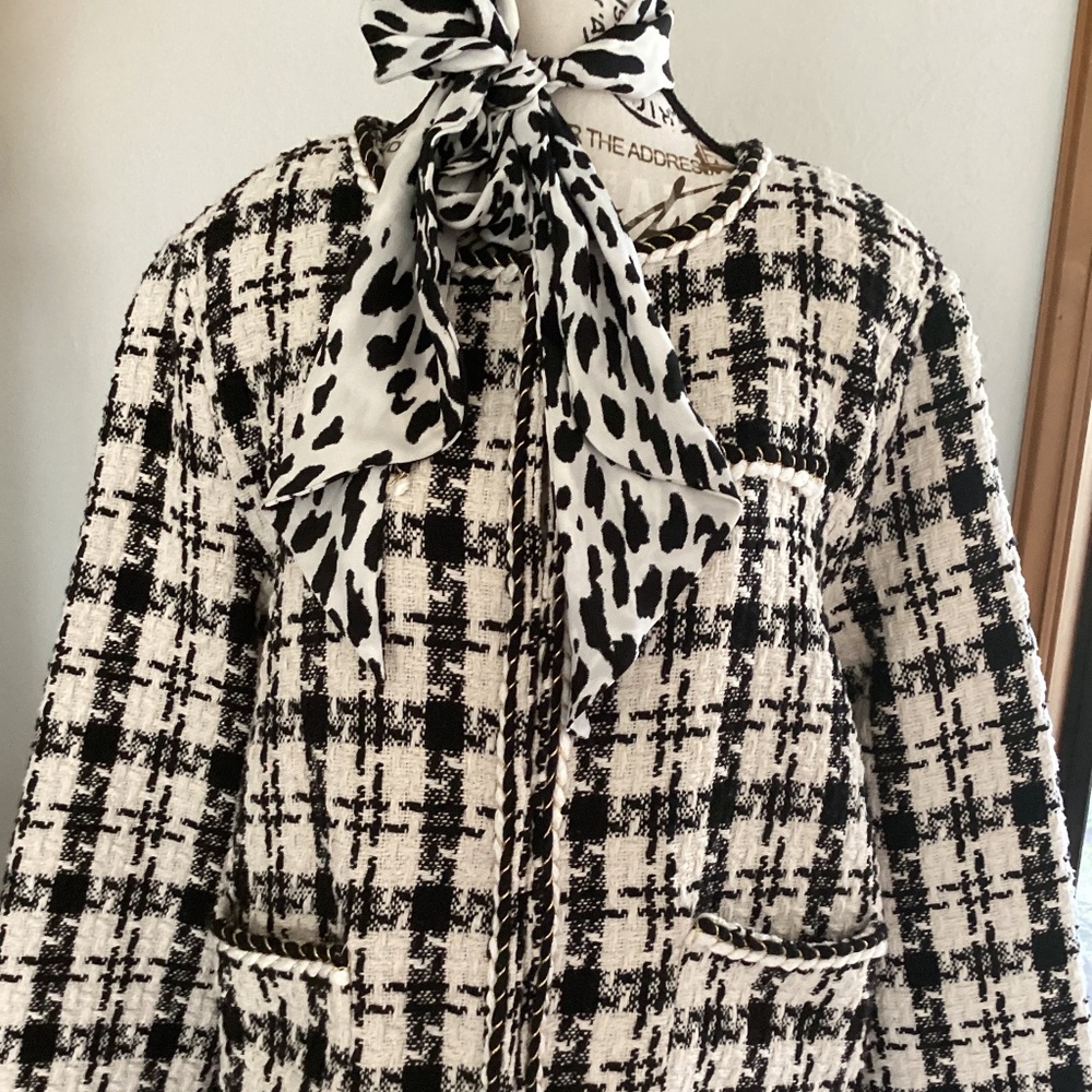 Evafreedom Black & White Tweed Gold Rim Detail Eye Hook Front Blazer Jacket🦋